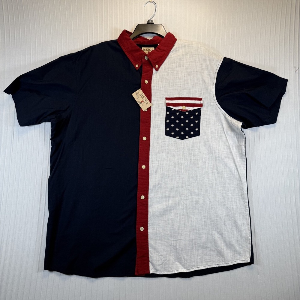 Redhead Men Short Sleeve‎ Button Down Shirt 2XL Americana Colorblock Flag NWT